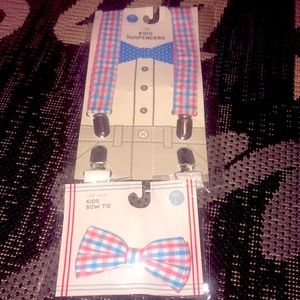 Plaid Clip On Bow Tie & Suspenders Pink Blue White